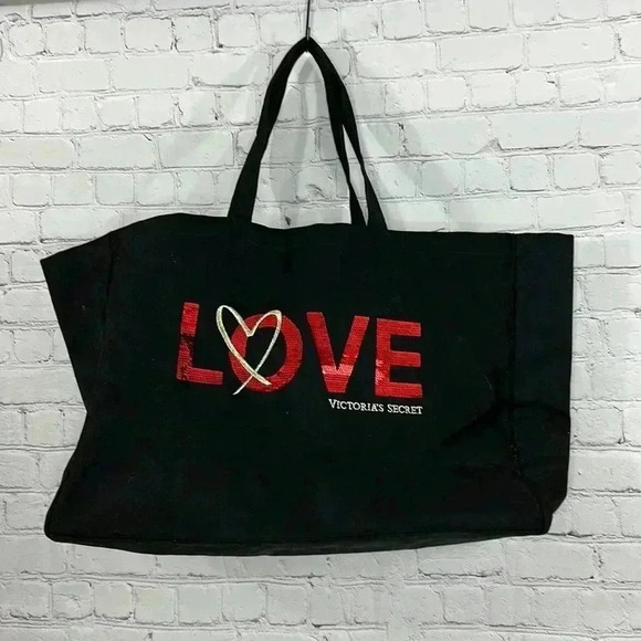 Victoria’s Secret Black Canvas Red Sequin LOVE Heart Tote Bag 2017 Ltd. Edition - Picture 1 of 5